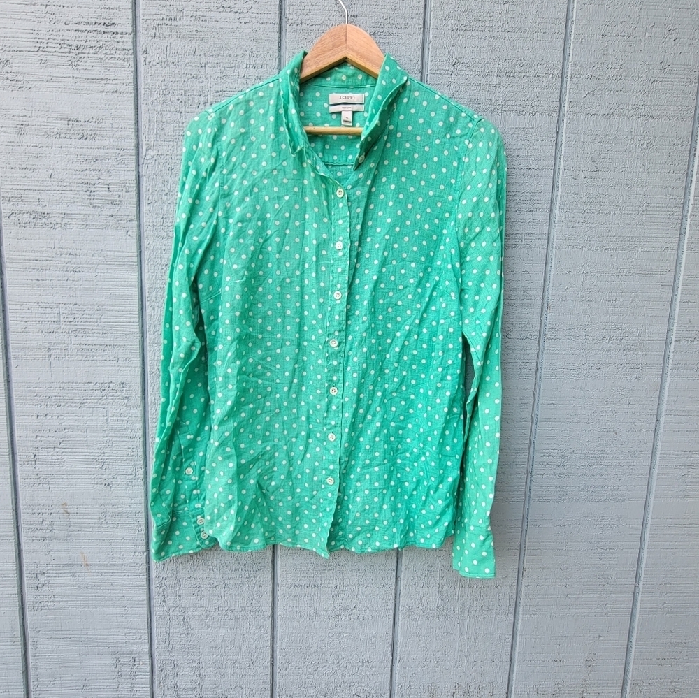 J Crew Perfect 100% Linen Button Down Blouse sz 10 Ivory Green Polka Dot